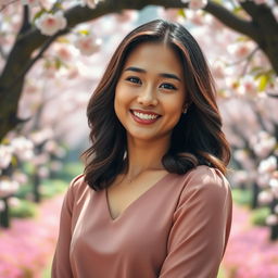 A smartphone wallpaper image of a 35-year-old Filipina woman with shoulder-length hair styled in soft waves, appearing as if photographed by a professional photographer