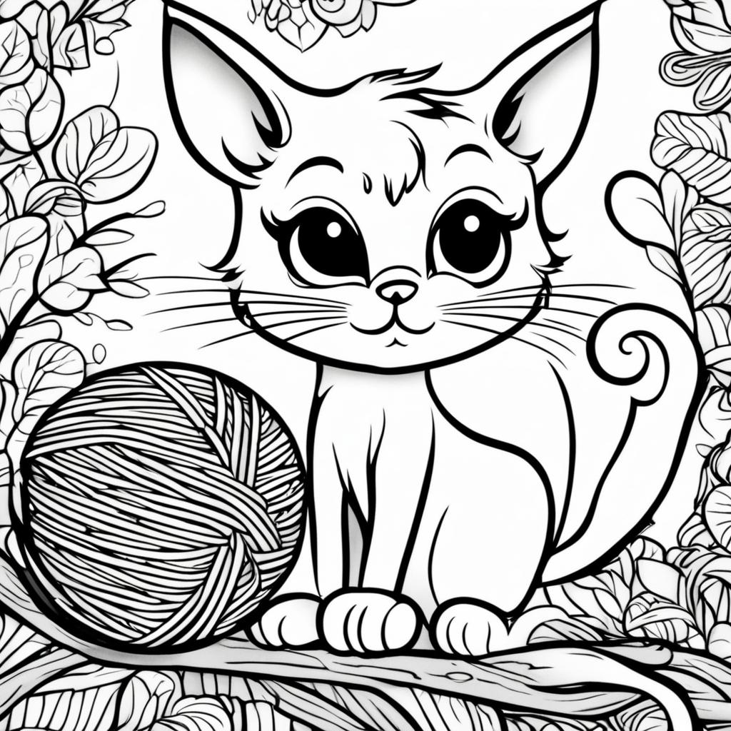 A black and white colouring book page featuring an adorable cat with large eyes and a playful tail