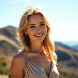 A 35-year-old woman with blonde hair and European features, standing in a beautiful natural landscape