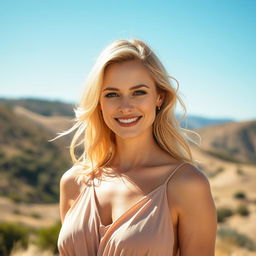A 35-year-old woman with blonde hair and European features, standing in a beautiful natural landscape