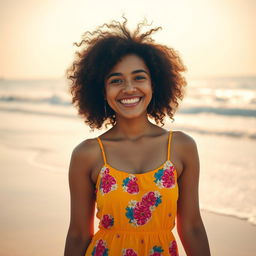 A smartphone wallpaper image of a 34-year-old Filipina woman with curly hair and a joyful demeanor, captured as if by a professional photographer