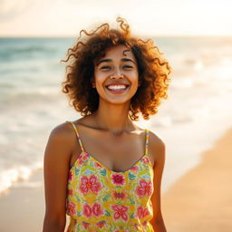 A smartphone wallpaper image of a 34-year-old Filipina woman with curly hair and a joyful demeanor, captured as if by a professional photographer