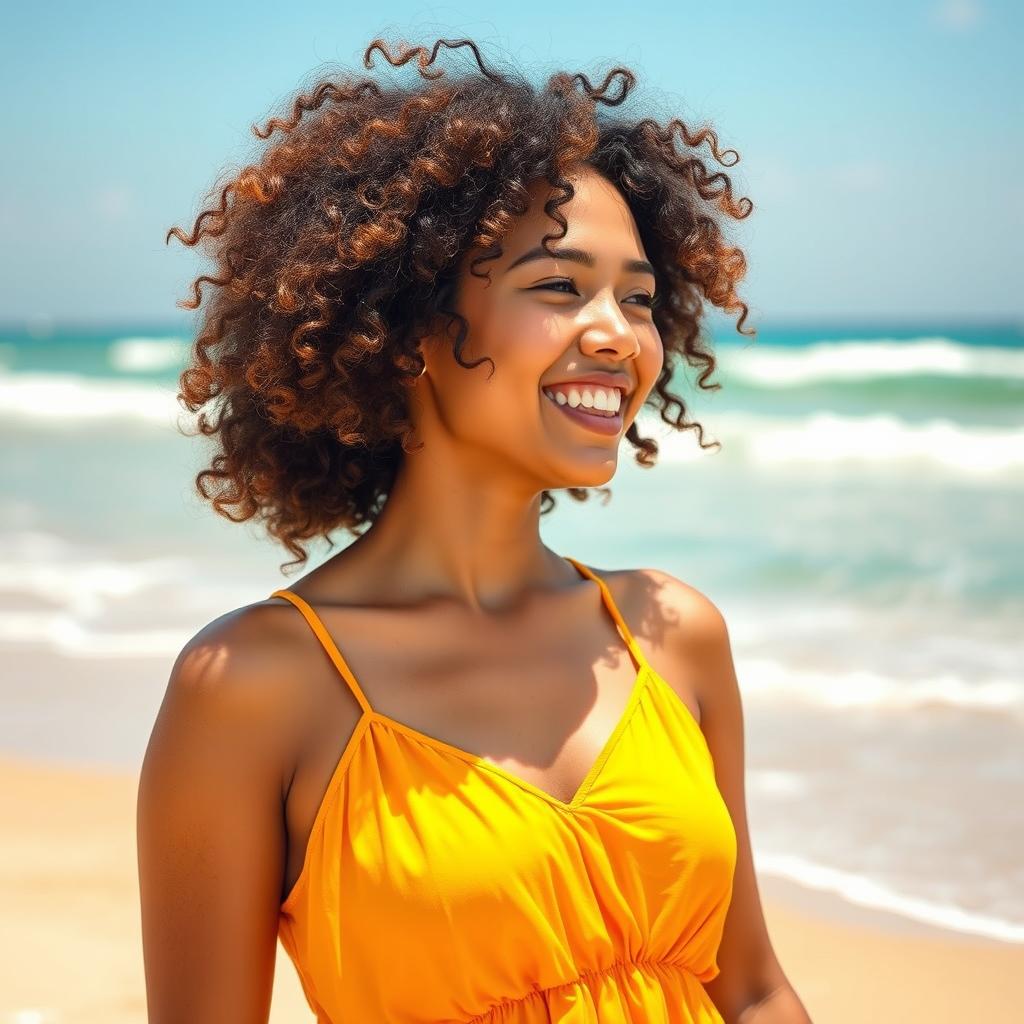 A smartphone wallpaper image of a 34-year-old Filipina woman with curly hair and a joyful demeanor, captured as if by a professional photographer