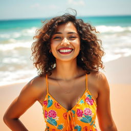 A smartphone wallpaper image of a 34-year-old Filipina woman with curly hair and a joyful demeanor, captured as if by a professional photographer