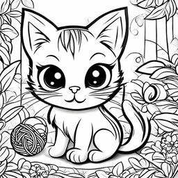 A black and white colouring book page featuring an adorable cat with large eyes and a playful tail