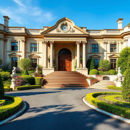 An elegant 1800s baron's estate, showcasing intricate architectural details typical of the period, including grand columns and ornate cornices