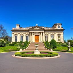 An elegant 1800s baron's estate, showcasing intricate architectural details typical of the period, including grand columns and ornate cornices