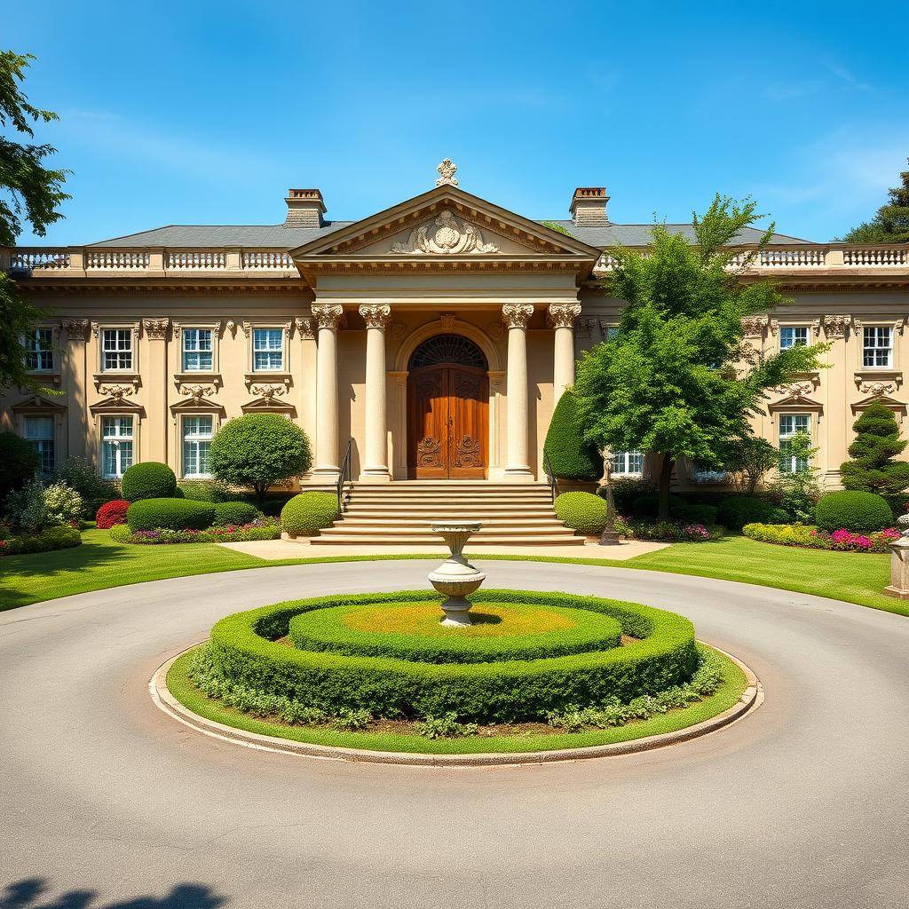 An elegant 1800s baron's estate, showcasing intricate architectural details typical of the period, including grand columns and ornate cornices
