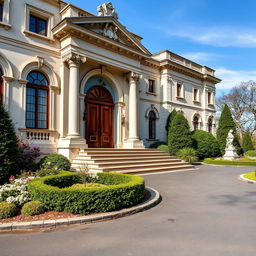 An elegant 1800s baron's estate, showcasing intricate architectural details typical of the period, including grand columns and ornate cornices