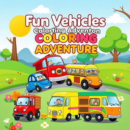 An eye-catching A4 cover design for a children's vehicles coloring book, showcasing an exciting variety of friendly cartoon vehicles