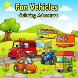 An eye-catching A4 cover design for a children's vehicles coloring book, showcasing an exciting variety of friendly cartoon vehicles