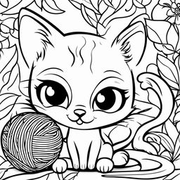 A black and white colouring book page featuring an adorable cat with large eyes and a playful tail