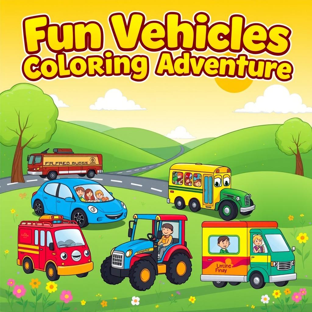 An eye-catching A4 cover design for a children's vehicles coloring book, showcasing an exciting variety of friendly cartoon vehicles