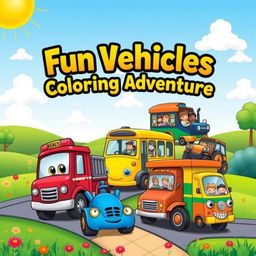 An eye-catching A4 cover design for a children's vehicles coloring book, showcasing an exciting variety of friendly cartoon vehicles