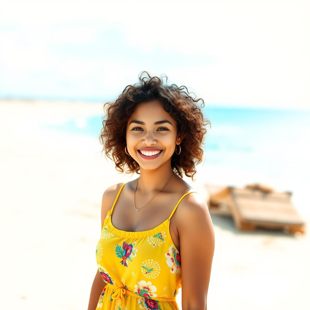 A smartphone wallpaper image of a 34-year-old Filipina woman with curly hair and a joyful demeanor, captured as if by a professional photographer