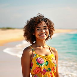 A smartphone wallpaper image of a 34-year-old Filipina woman with curly hair and a joyful demeanor, captured as if by a professional photographer