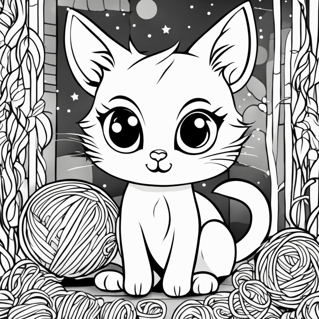 A black and white colouring book page featuring an adorable cat with large eyes and a playful tail