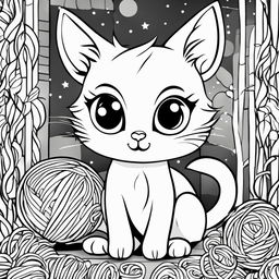 A black and white colouring book page featuring an adorable cat with large eyes and a playful tail