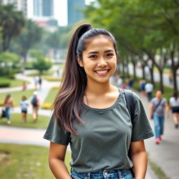 A smartphone wallpaper image of a 32-year-old Filipina woman with long hair styled in a ponytail, showcasing a friendly smile as if captured by a professional photographer