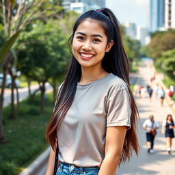 A smartphone wallpaper image of a 32-year-old Filipina woman with long hair styled in a ponytail, showcasing a friendly smile as if captured by a professional photographer