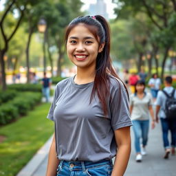 A smartphone wallpaper image of a 32-year-old Filipina woman with long hair styled in a ponytail, showcasing a friendly smile as if captured by a professional photographer