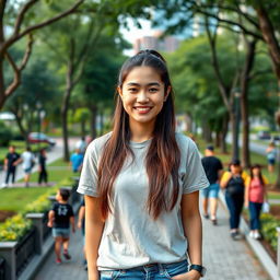 A smartphone wallpaper image of a 32-year-old Filipina woman with long hair styled in a ponytail, showcasing a friendly smile as if captured by a professional photographer
