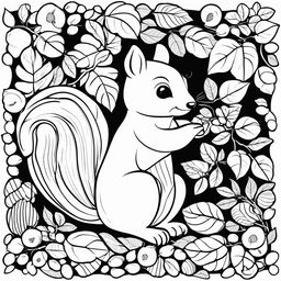 Black and white colouring book page featuring an adorable squirrel in a playful pose, surrounded by acorns, leaves, and tree branches