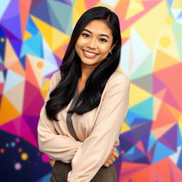 A smartphone wallpaper image featuring a Filipina woman aged 30-35 years with long dark hair, dressed in elegant office attire that includes a stylish blouse and either trousers or a skirt