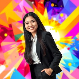 A smartphone wallpaper image featuring a Filipina woman aged 30-35 years with long dark hair, dressed in elegant office attire that includes a stylish blouse and either trousers or a skirt