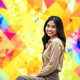 A smartphone wallpaper image featuring a Filipina woman aged 30-35 years with long dark hair, dressed in elegant office attire that includes a stylish blouse and either trousers or a skirt