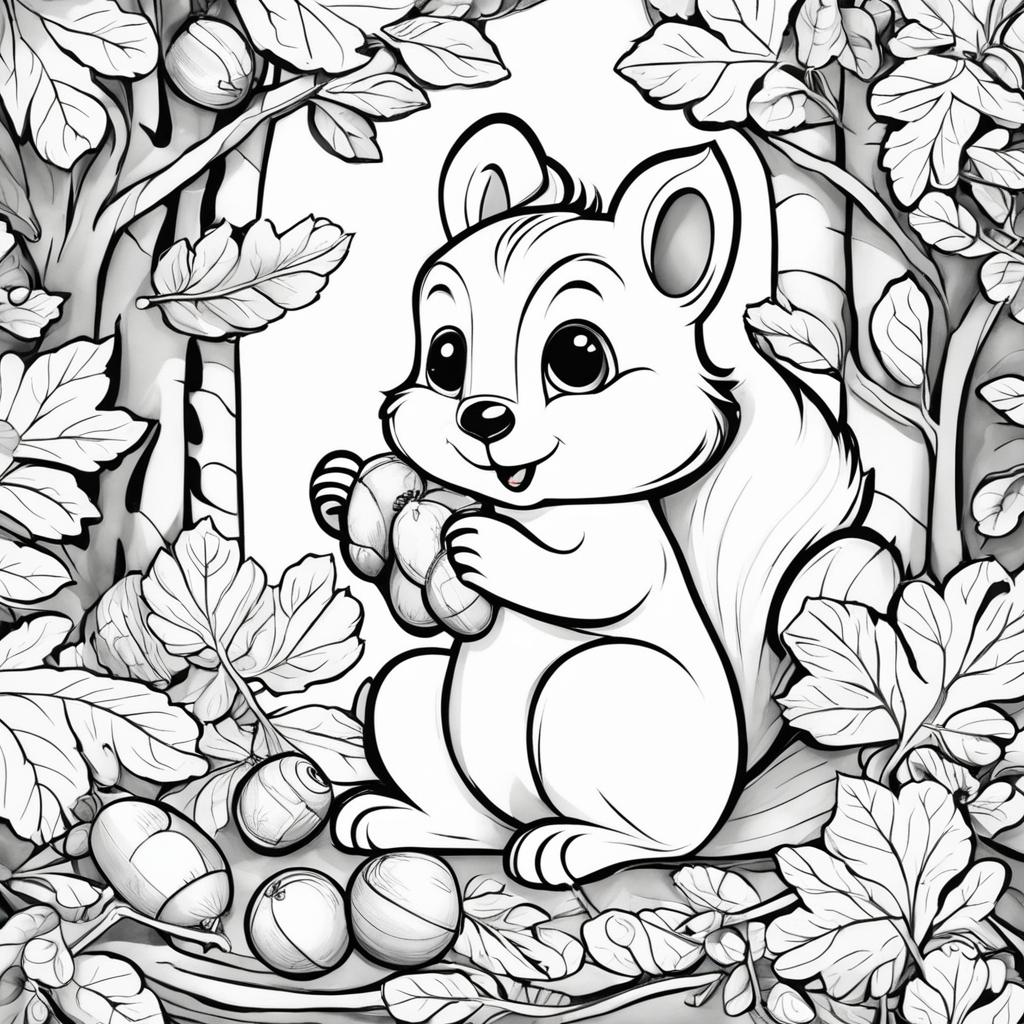 Black and white colouring book page featuring an adorable squirrel in a playful pose, surrounded by acorns, leaves, and tree branches