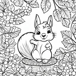 Black and white colouring book page featuring an adorable squirrel in a playful pose, surrounded by acorns, leaves, and tree branches