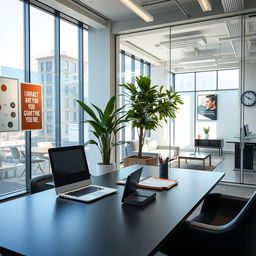 A modern office space with sleek, contemporary furniture, large windows allowing natural light to pour in, and a green indoor plant in the corner