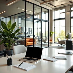 A modern office space with sleek, contemporary furniture, large windows allowing natural light to pour in, and a green indoor plant in the corner