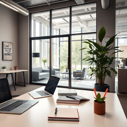 A modern office space with sleek, contemporary furniture, large windows allowing natural light to pour in, and a green indoor plant in the corner