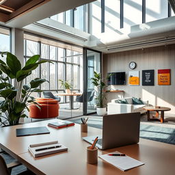A modern office space with sleek, contemporary furniture, large windows allowing natural light to pour in, and a green indoor plant in the corner