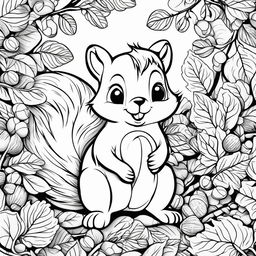 Black and white colouring book page featuring an adorable squirrel in a playful pose, surrounded by acorns, leaves, and tree branches