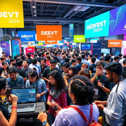 A vibrant and energetic scene depicting the excitement of DEVFEST 2024, showcasing a diverse group of tech enthusiasts and developers eagerly participating in engaging workshops and presentations