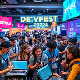 A vibrant and energetic scene depicting the excitement of DEVFEST 2024, showcasing a diverse group of tech enthusiasts and developers eagerly participating in engaging workshops and presentations