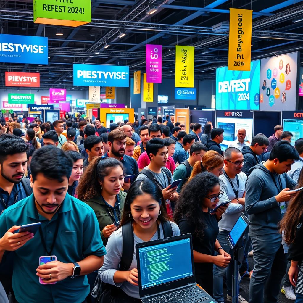 A vibrant and energetic scene depicting the excitement of DEVFEST 2024, showcasing a diverse group of tech enthusiasts and developers eagerly participating in engaging workshops and presentations