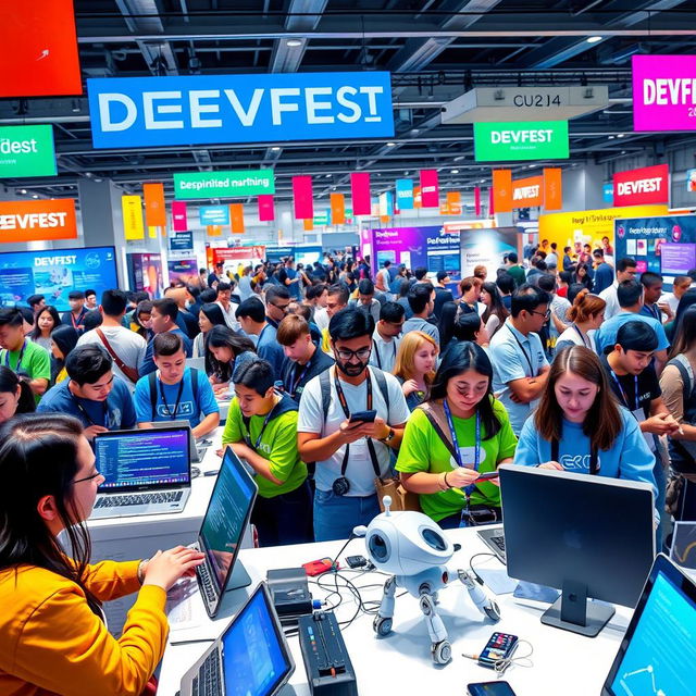 A vibrant and energetic scene depicting the excitement of DEVFEST 2024, showcasing a diverse group of tech enthusiasts and developers eagerly participating in engaging workshops and presentations