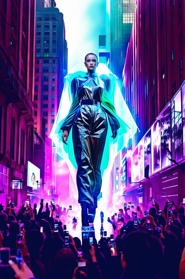 Futuristic Prada-inspired fashion show featuring a transparent, giant holographic model as tall as buildings, fiercely strutting towards the camera with long legs, through a neon-lit cyberpunk Tokyo street filled with flashing cameras of onlookers and paparazzi