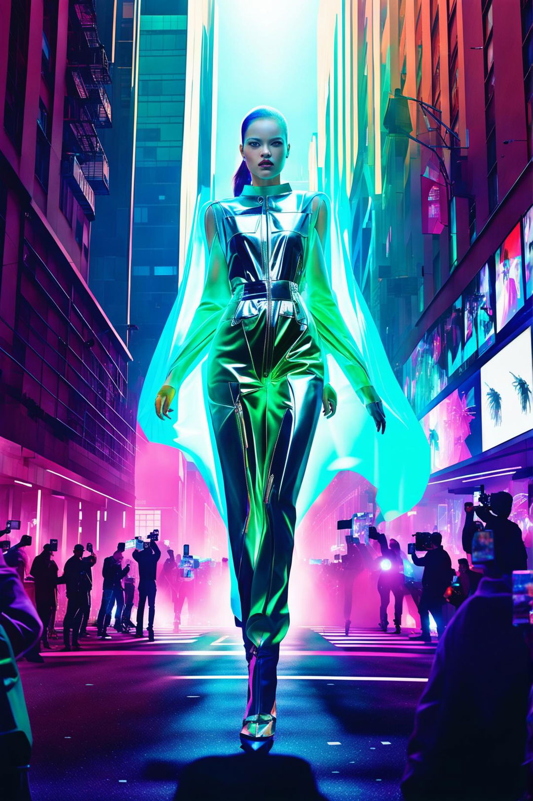 Futuristic Prada-inspired fashion show featuring a transparent, giant holographic model as tall as buildings, fiercely strutting towards the camera with long legs, through a neon-lit cyberpunk Tokyo street filled with flashing cameras of onlookers and paparazzi