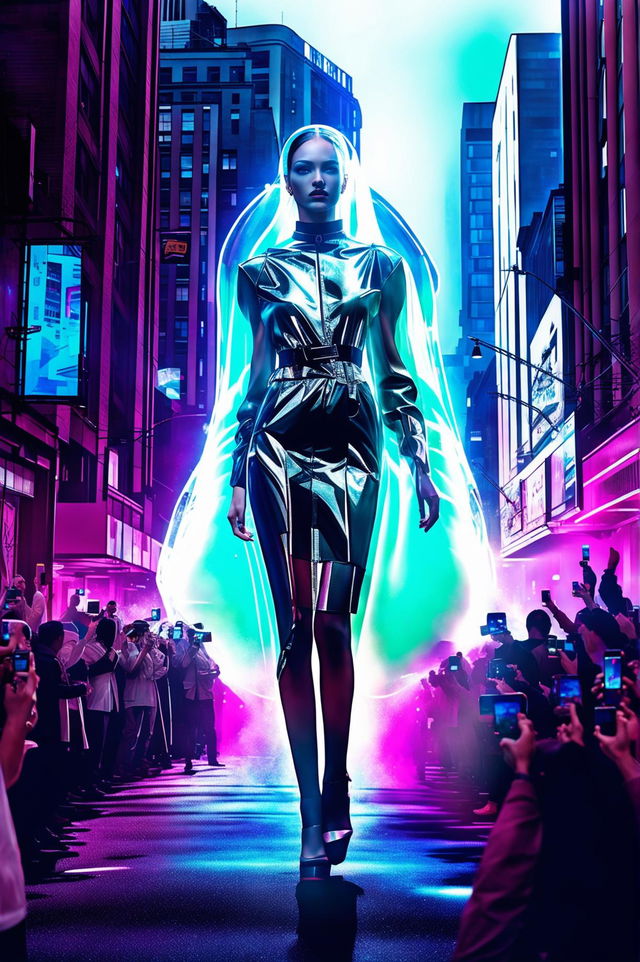 Futuristic Prada-inspired fashion show featuring a transparent, giant holographic model as tall as buildings, fiercely strutting towards the camera with long legs, through a neon-lit cyberpunk Tokyo street filled with flashing cameras of onlookers and paparazzi