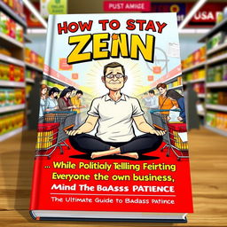 A humorous and bold book cover featuring a central character sitting in a lotus position with a sarcastic expression and a slight smirk, embodying a zen attitude