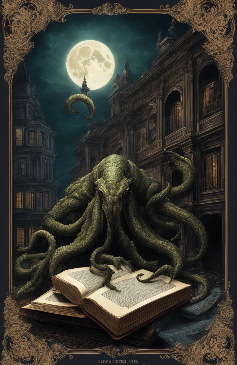 A Lovecraftian creature crawls out from an ancient book in a 16th-century baroque office under moonlight.