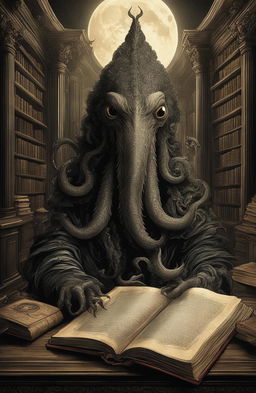 A Lovecraftian creature crawls out from an ancient book in a 16th-century baroque office under moonlight.