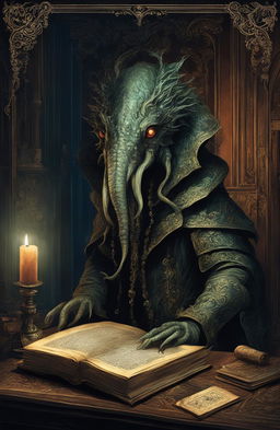 A Lovecraftian creature crawls out from an ancient book in a 16th-century baroque office under moonlight.