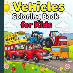 An engaging A4 cover design for a children's vehicles coloring book, showcasing a variety of fun, cartoon-style vehicles