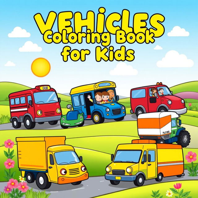 An engaging A4 cover design for a children's vehicles coloring book, showcasing a variety of fun, cartoon-style vehicles